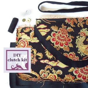diy handbag kit - black satin damask envelope clutch - pre cut fabric with PDF pattern