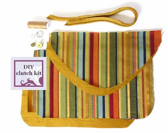 diy clutch kit - gold stripe envelope clutch - pre cut fabric with PDF pattern