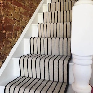 Beige with black stripe wool stair runner with black whipped edge