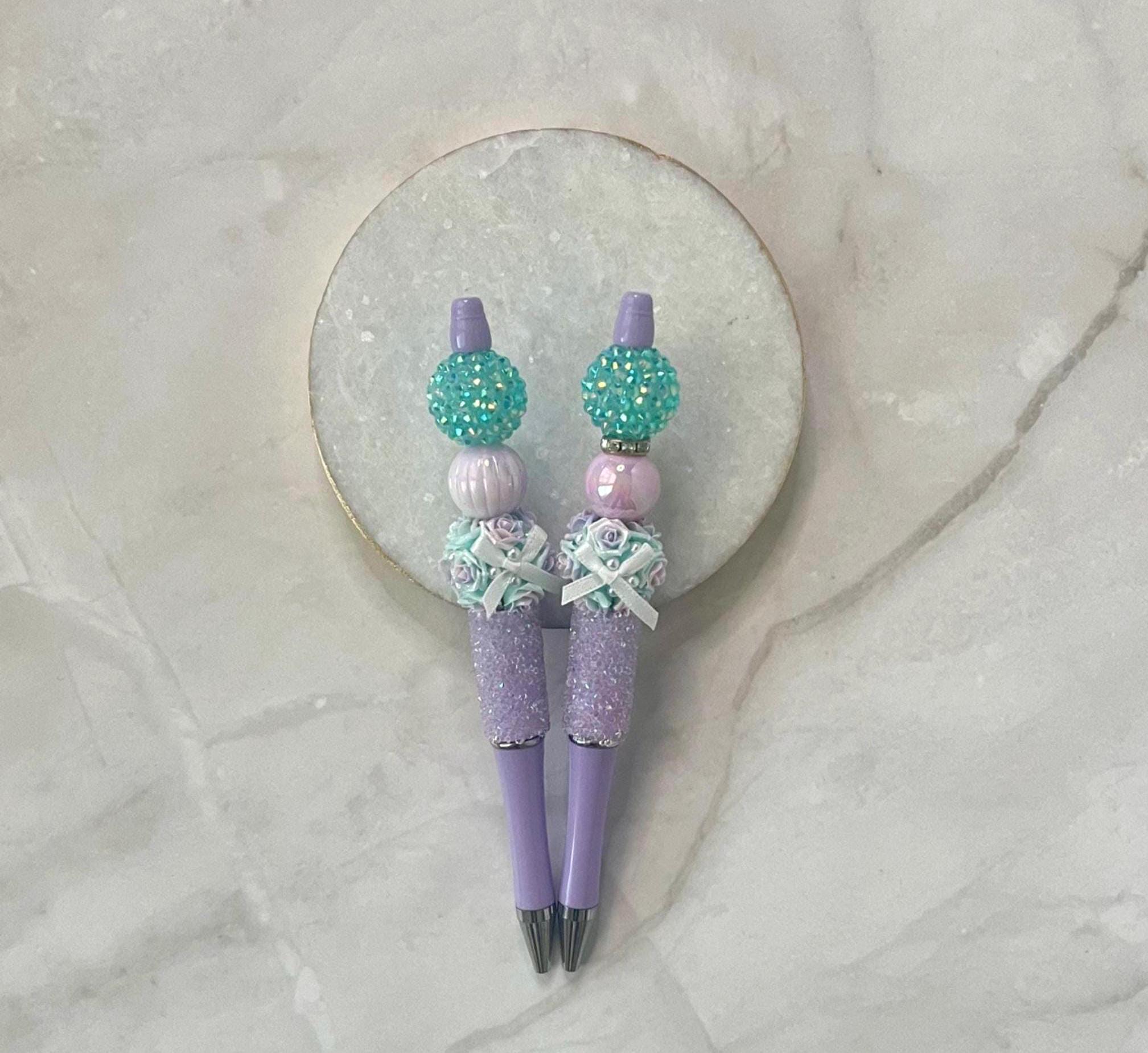 Purple Flower Beaded Pen: Teal Rhinestone Accent - Handmade Stationery Gift