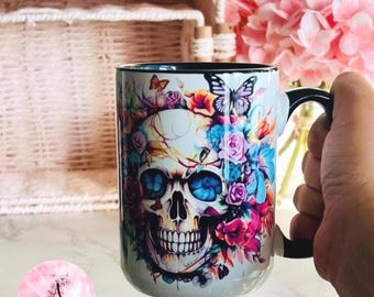 Funny Skull Coffee Mug: Rough Life, Butterfly Flower Design