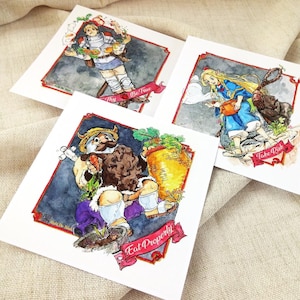 DELICIOSO EN EL CALABOZO Meshi 6x6 Mini Print Set Laios Marcille Senshi Ilustración Anime Fan Art Acuarela tradicional Dibujo Nerd