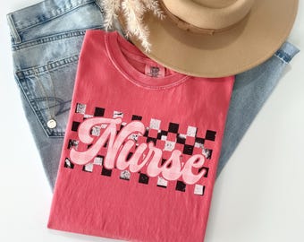 Comfort Colors® Checkered Nurse Shirt, Nurse Day Shirt, RN Shirt, Nurse Gifts, Nurse Shirt, Retro Nurse Shirt, Cute Nurse Shirt, New Nurse