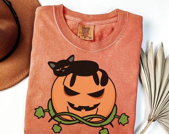 Camisa de Halloween de calabaza Comfort Colors®, camisa de Halloween con gato negro, camisa retro de Halloween, el mejor regalo de Halloween, camisa familiar de Halloween