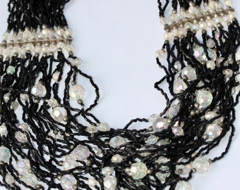 Stunning all beaded black and crystal multi strand vintage necklace