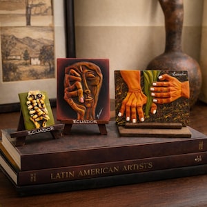 Ecuador Clay Tile Set of 3 with Stands Hand Painted Folk Art Decor Expressionist Style Artisan Display Pieces