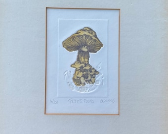 Carol Travers Lummus -Signed & Numbered Etching, Limited Edition Intaglio Print, Surreal Mushroom Art, Botanical Wall Decor “Petit Fours”