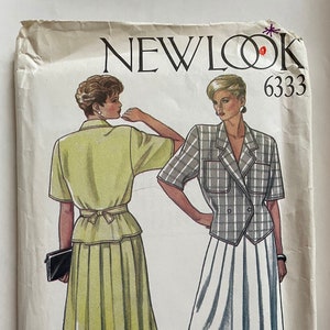 May include: A vintage sewing pattern from New Look, pattern number 6333, featuring two women wearing a skirt and top. The skirt is pleated and the top has a collar and short sleeves. One woman is wearing a green top and the other is wearing a plaid top.