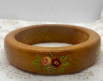 Vintage handmade/handpainted wooden vintage bangle bracelet - sweet flowers