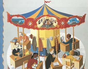 NEW YORKER Magazine omslag - 8 april 1991 - roligt - kontor på karusell, karusellkontor