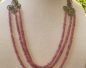 Triple-stranded glass vintage necklace with metal scrollwork and black beads - available in pink, hot pink and light blue
