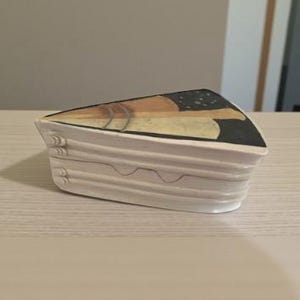 Handmade Signed Studio Pottery Box | Vintage Triangular Ceramic Trinket Box | Abstract Modernist Lidded Dish