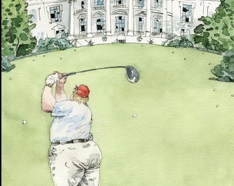 April 10, 2017 - The NEW YORKER Magazine original cover - Trump golfing