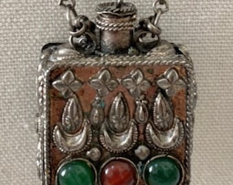 Stunning inlaid gemstone jeweled Tibetan Perfume Bottle Pendant Necklace, prayer box, snuff bottle