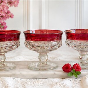 Indiana Glass Kings Crown Ruby Flash Sherbet Dishes Set of 3 | Vintage Cranberry Flash Dessert Cups | Thumbprint Pedestal Glass