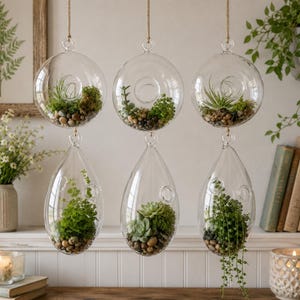 May include: Six clear glass hanging terrariums arranged in two rows of three. The top row features spherical glass containers, while the bottom row consists of teardrop-shaped glass containers. Each contains small plants, moss, and pebbles.