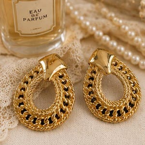 Signed Avon Gold Tone Door Knocker Clip on Earrings with Original Box, Vintage Statement Earrings, Textured Openwork Earrings