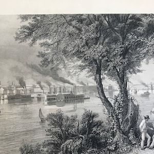 May include: A black and white engraving depicting a river scene with a city in the background. Two men are sitting on a riverbank under a large tree, talking. Several steamboats are docked in the river.