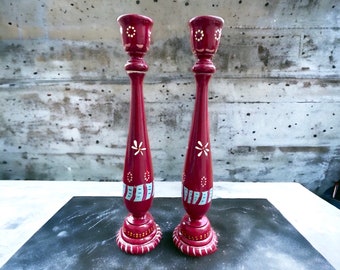 Charming vintage painted wood candlestick holders - folk art style