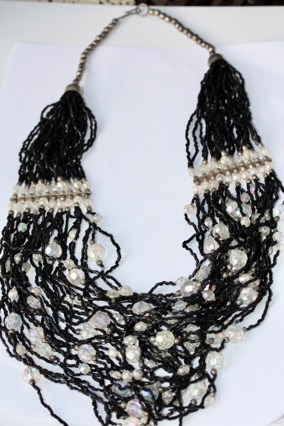 Stunning all beaded black and crystal multi stran… - image 1