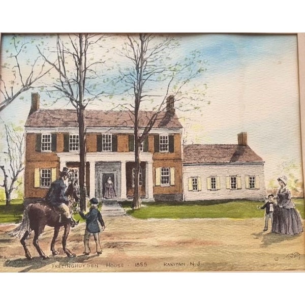 Rare Davis Gray framed and matted Watercolor "FRELINGHUYSEN HOUSE" Raritan, New Jersey (near New Brunswick, NJ) colonial style