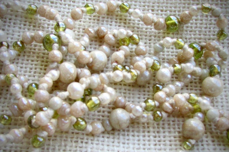 Cream and green glass beaded vintage necklace hand knotted image 5