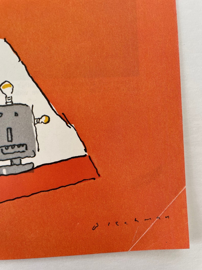May include: A simple line drawing of a robot with two light bulbs on its head, standing on a red and white rug. The drawing is on a bright orange background with the text "w i e c h - m a s" in black at the bottom right corner.