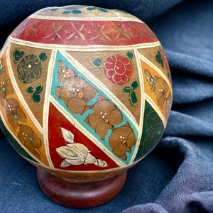 Hand Painted Camel Hide Globe Lamp Wood Base Made in Pakistan WORKS!