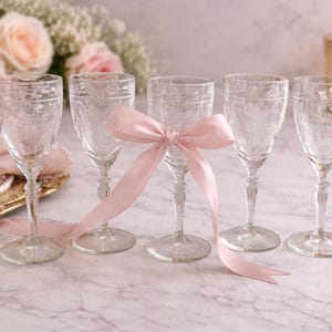Vintage Etched Crystal Wine Glasses Set of 5 • Floral Cut Stemware • Elegant Clear Goblets • Barware • Vintage Glassware Decor - 8" tall