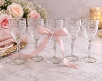 Vintage Etched Crystal Wine Glasses Set of 5 • Floral Cut Stemware • Elegant Clear Goblets • Barware • Vintage Glassware Decor - 8" tall