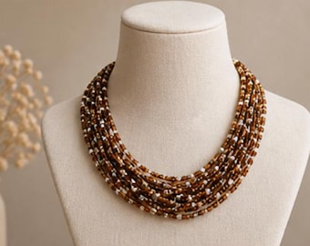 Vintage Multi Strand Seed Bead Necklace 30 Inch Brown Cream Glass Beads Boho Statement Layered Necklace Retro Jewelry