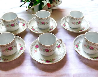 Vintage white fine china floral demitasse cups and saucers set - set of 6 - espresso