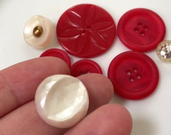 Button mix lot - red and white vintage buttons - rhinestones, pearlescent, etched, etc. various sizes and materials