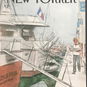 Vintage NEW YORKER Magazine original cover - August 25, 1986 - bringing pizza to a boat by artist Saxon