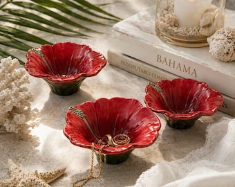 Tommy Bahama Poppy Flower Bowls Set of 3, Red Ceramic Floral Dishes, Cottage Kitchen Decor, Trinket Dish Set, Tropical Tableware