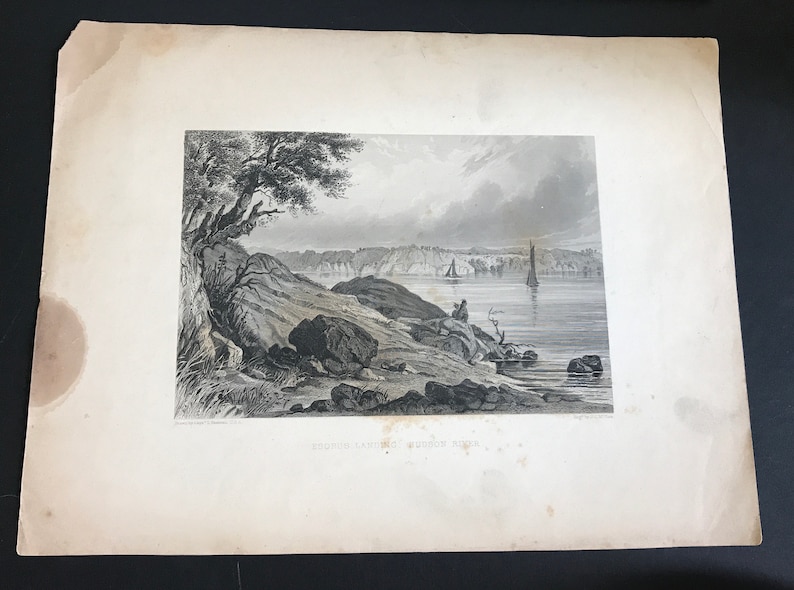 Very Rare Esopus Landing Hudson River by Captain S Eastman Etching print from the 1800/'s JC McRae