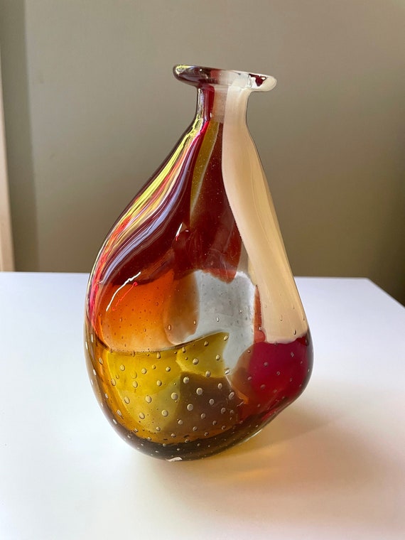 Superbe artiste signé Mdina vase en verre de Malte nuances de rouge, or,  blanc et brun riche et profond - Etsy France