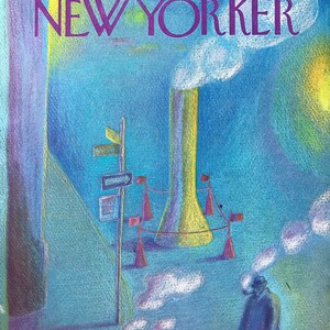 K&ouml;nnte beinhalten: Ein Vintage-Cover des New Yorker Magazins vom 26. Januar 1976, das eine blaue und violette Stadtlandschaft mit einem hohen gelben Schornstein und einer Person zeigt, die im Vordergrund geht. Der Titeltext lautet "The New Yorker" und "Price 75 cents".