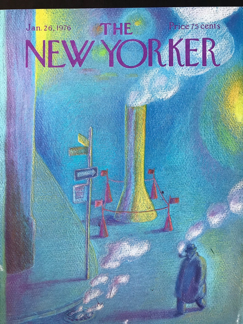 K&ouml;nnte beinhalten: Ein Vintage-Cover des New Yorker Magazins vom 26. Januar 1976, das eine blaue und violette Stadtlandschaft mit einem hohen gelben Schornstein und einer Person zeigt, die im Vordergrund geht. Der Titeltext lautet "The New Yorker" und "Price 75 cents".