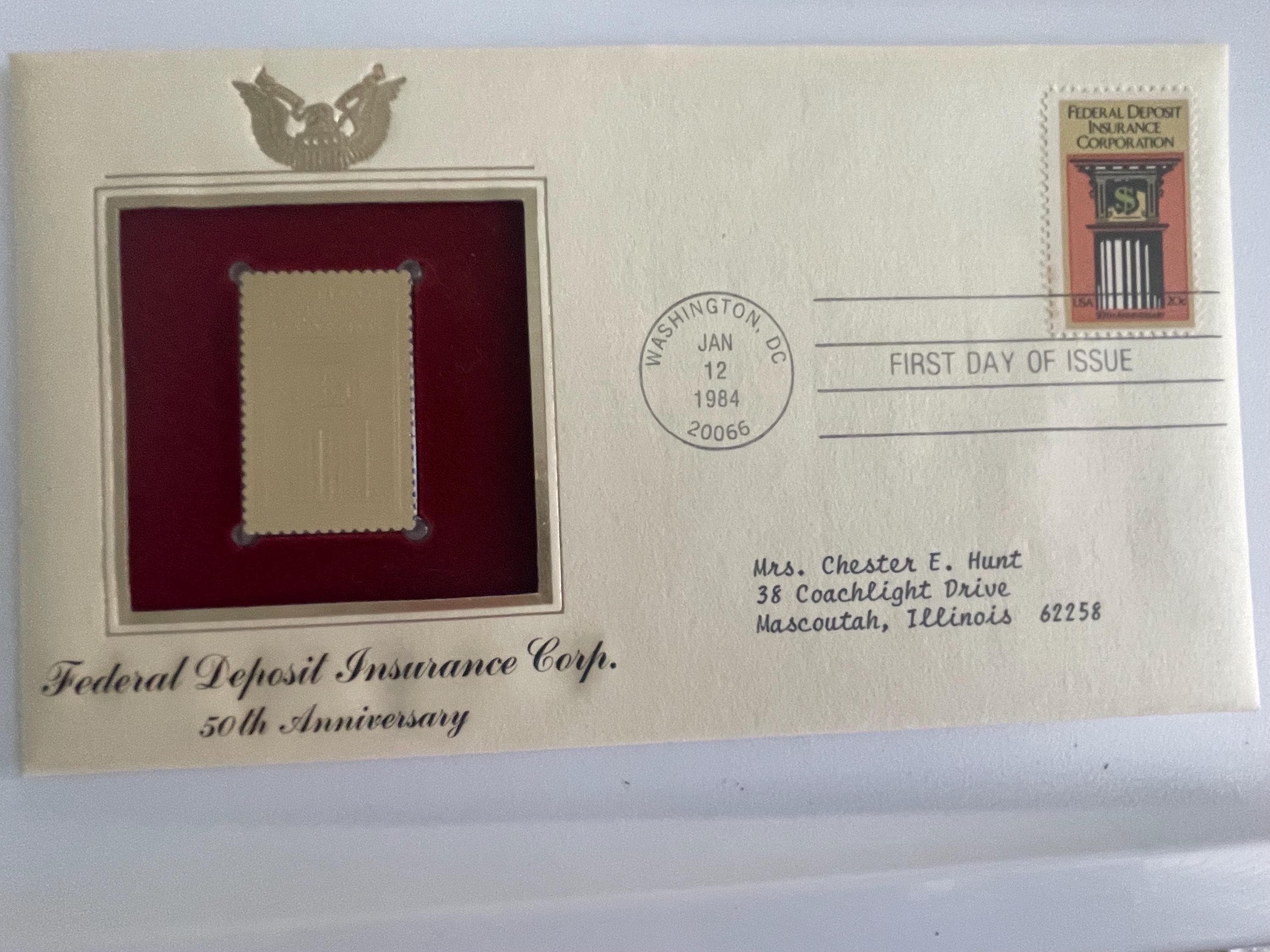 FDIC 連邦預金保険公社の 20 セント切手と 22K 金のレプリカおよび情報