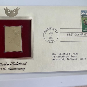 Francobollo da 20 centesimi per il 25° anniversario dello Stato dell'Alaska, primo giorno di emissione e replica in oro 22K con scheda informativa - Postal Commemorative Assoc