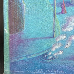K&ouml;nnte beinhalten: Ein blaues und violettes abstraktes Gem&auml;lde mit einer Unterschrift unten rechts, die "Eugene Mihaescu." lautet.