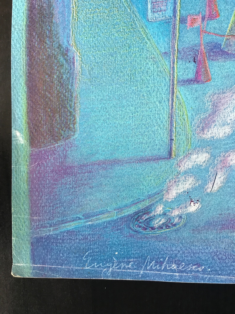 K&ouml;nnte beinhalten: Ein blaues und violettes abstraktes Gem&auml;lde mit einer Unterschrift unten rechts, die "Eugene Mihaescu." lautet.