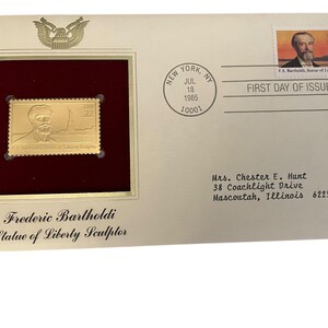 Frederic Bartholdi, Freiheitsstatue Bildhauer - Ersttagsstempel & 22K Gold Replica mit Infokarte - Post Gedenk Gesellschaft