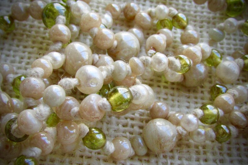 Cream and green glass beaded vintage necklace hand knotted image 3