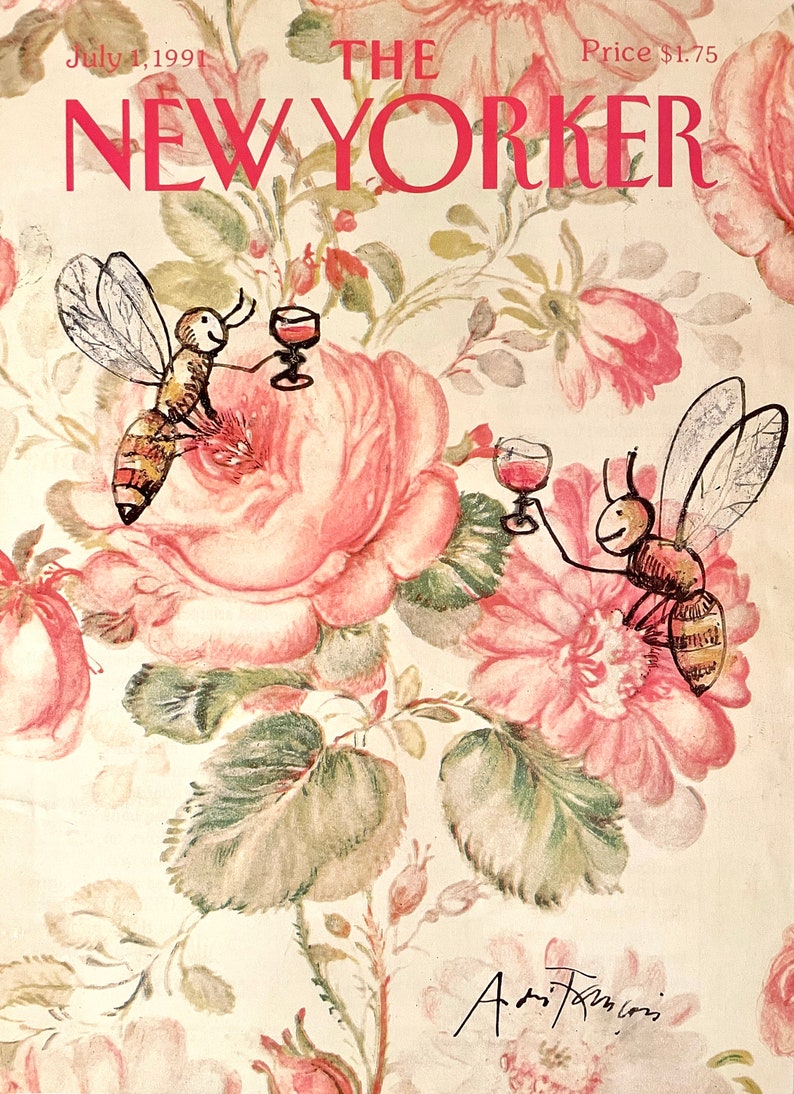 Puede incluir: La portada de la revista The New Yorker del 1 de julio de 1991 presenta un fondo floral con rosas rosas y dos abejas de dibujos animados brindando con copas de vino. El t&iacute;tulo de la revista es rojo.