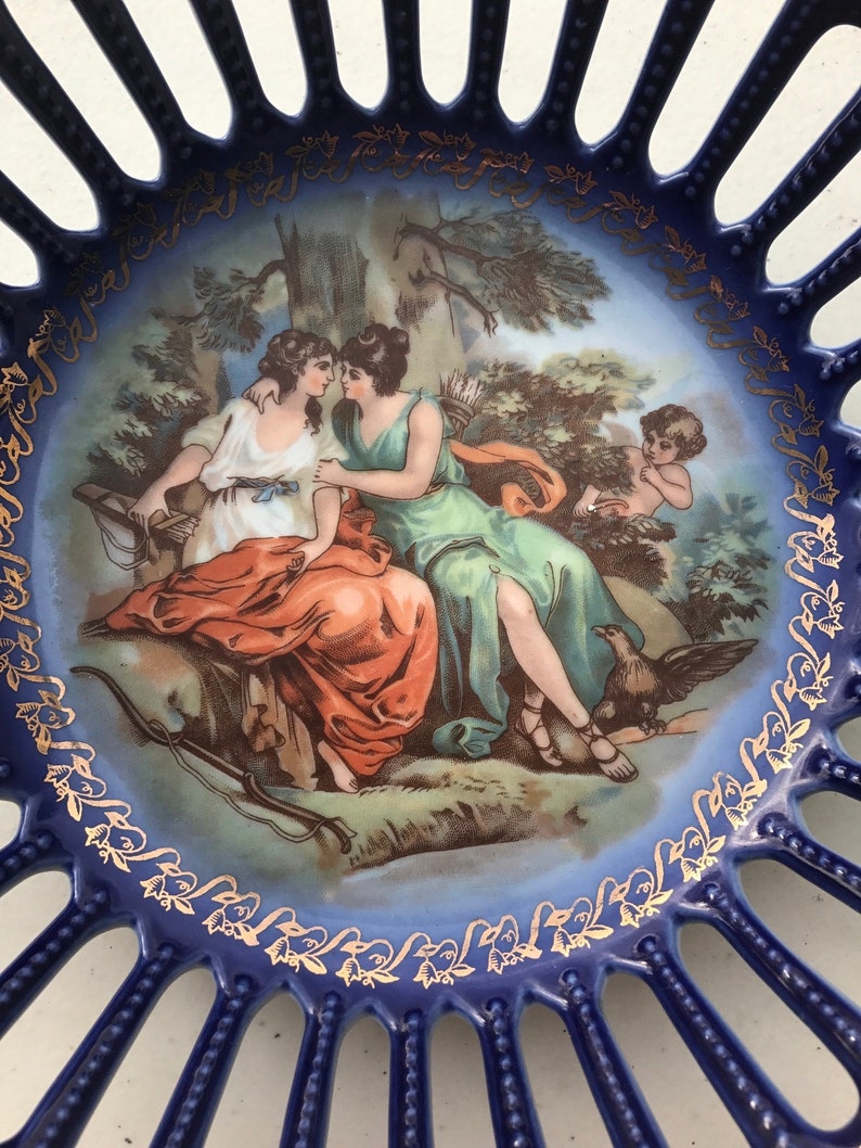 Porcelain Basket with Angel and two women Scene by Friedrich Eger Martinroda Germany PM golden porcelain basket and 24 karat gold