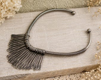 Vintage Modernist Fringe Collar Necklace Silver Tone Statement Necklace Brutalist Studio Jewelry 1970s Artisan Bib Necklace