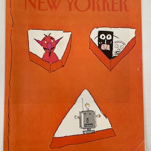 May include: The New Yorker magazine cover from November 2, 1981, features an orange background with three illustrations. The top two illustrations are in square frames, with a red monster in the left frame and two figures in the right frame. The bottom illustration is a triangle with a robot inside.