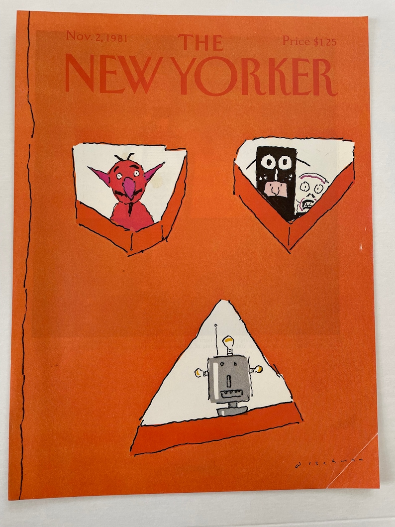 May include: The New Yorker magazine cover from November 2, 1981, features an orange background with three illustrations. The top two illustrations are in square frames, with a red monster in the left frame and two figures in the right frame. The bottom illustration is a triangle with a robot inside.